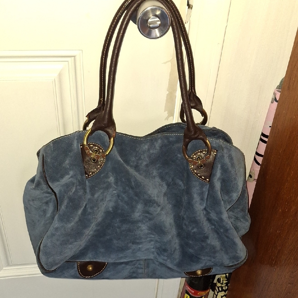Blue and Brown Casual Shoulder Bag with Brass Accents